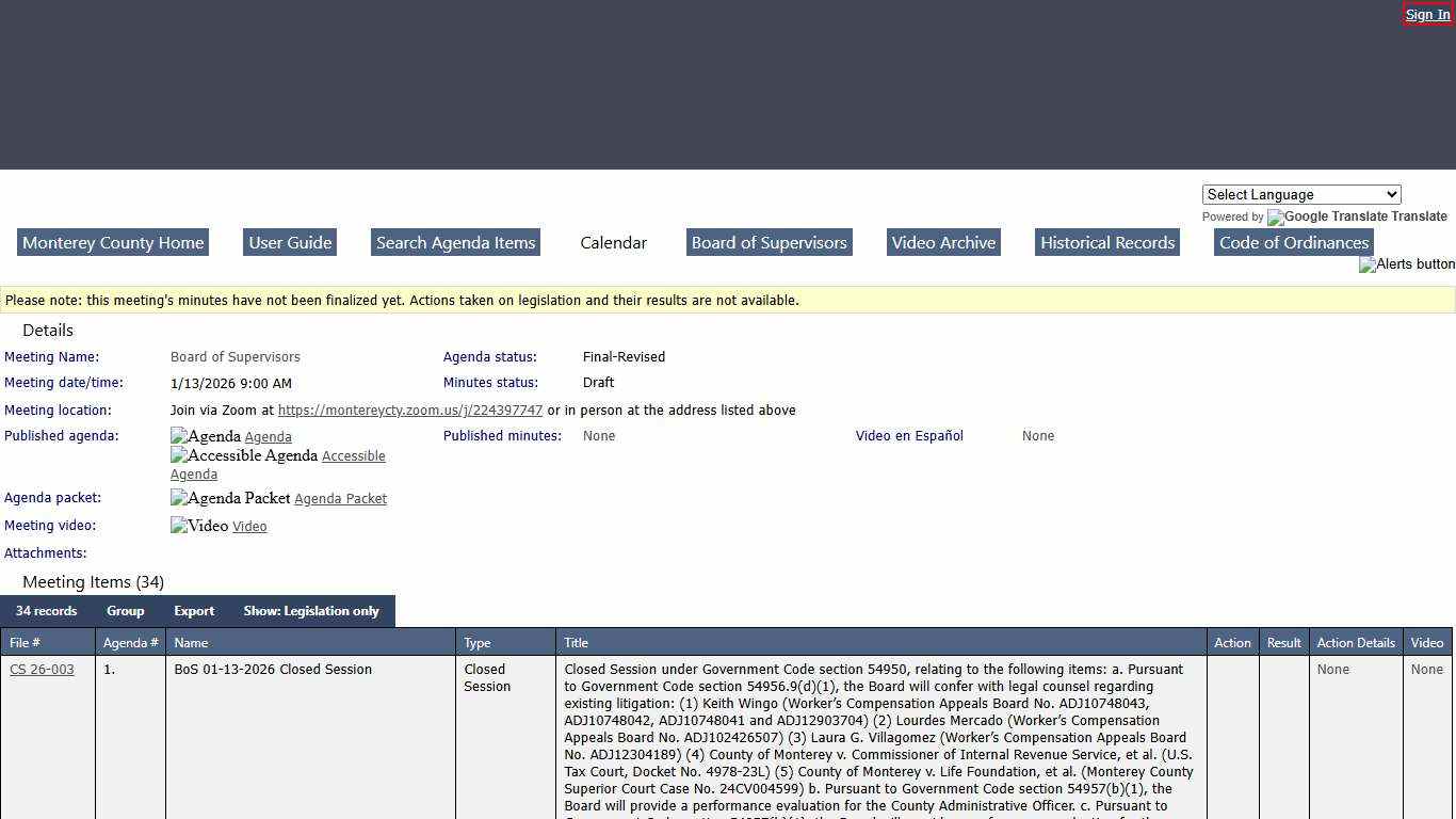 County of Monterey - Meeting of Board of Supervisors on 1/13/2026 at 9:00 AM